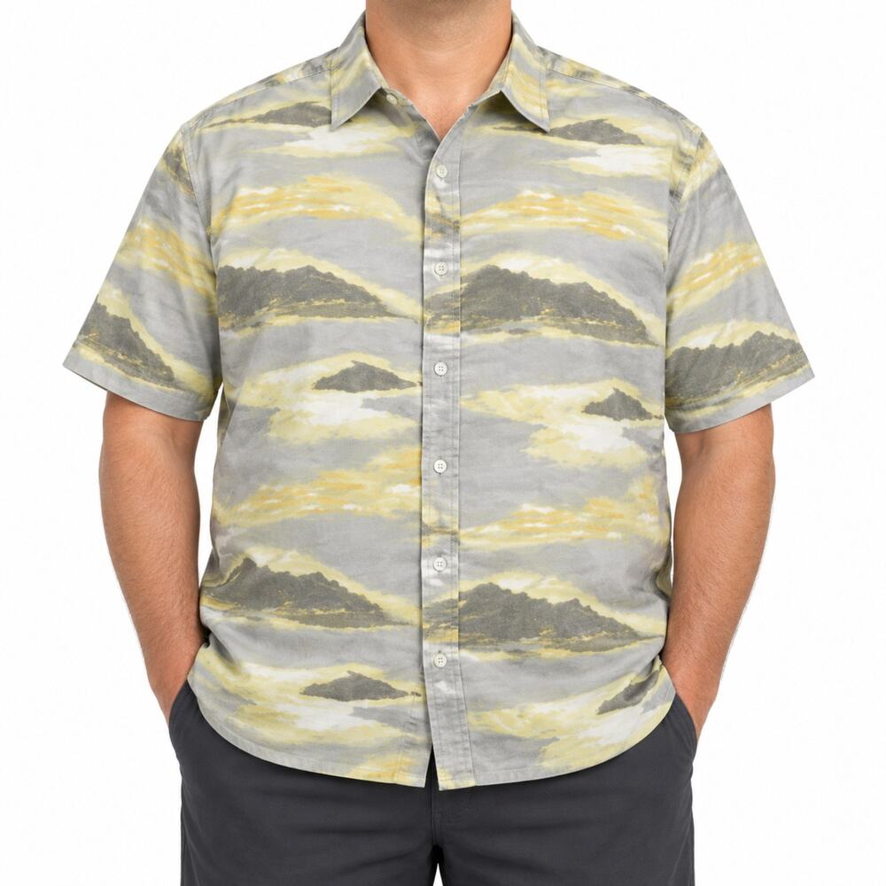 KingSize Shirt Mens 2XL Tall Gray Yellow Button Up Short Sleeve Cotton Casual